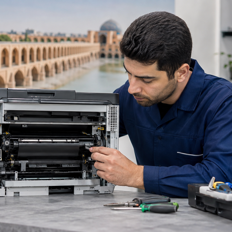 بررسی بوی سوختگی پرینتر توسط تعمیرکار در کارگاه
