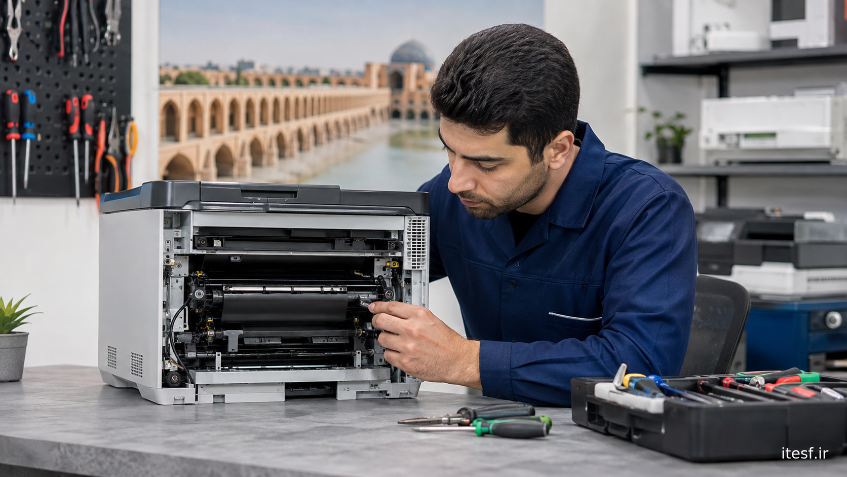 بررسی بوی سوختگی پرینتر توسط تعمیرکار در کارگاه